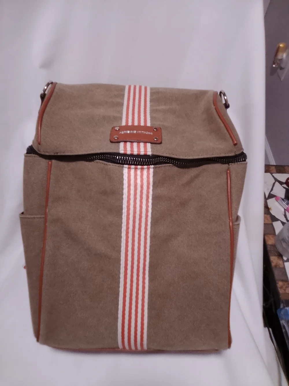 Unbranded Khaki Canvas Backpack with Red-White Stripe
